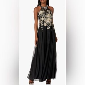CACHET EMBROIDERED FLORAL HALTER GOWN